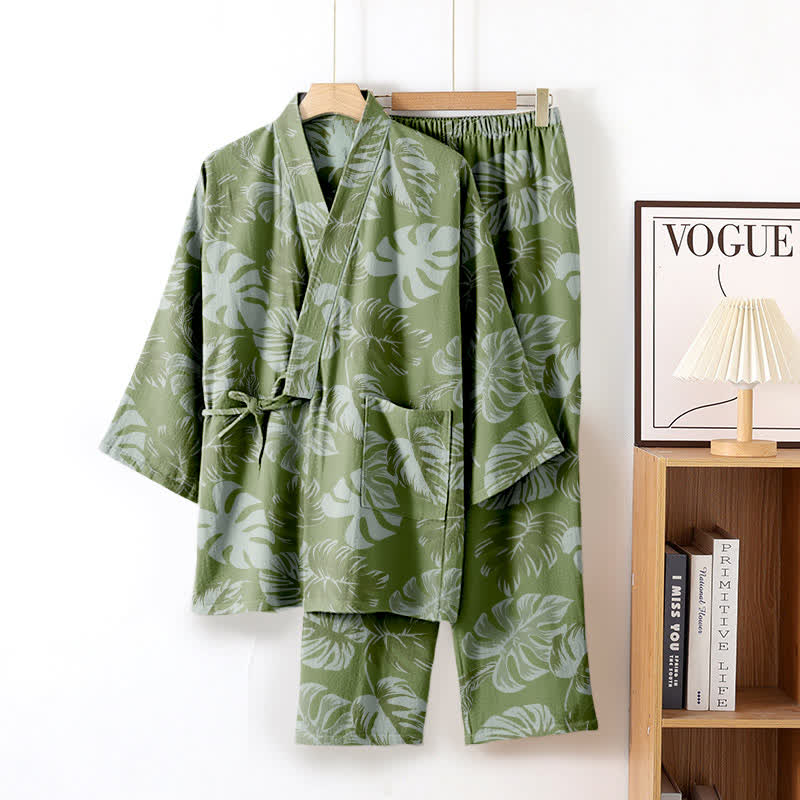 Completo da salotto in kimono di garza di cotone Monstera - Verde scuro - XL - image 2