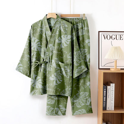 Completo da salotto in kimono di garza di cotone Monstera - Verde scuro - XL - image 2