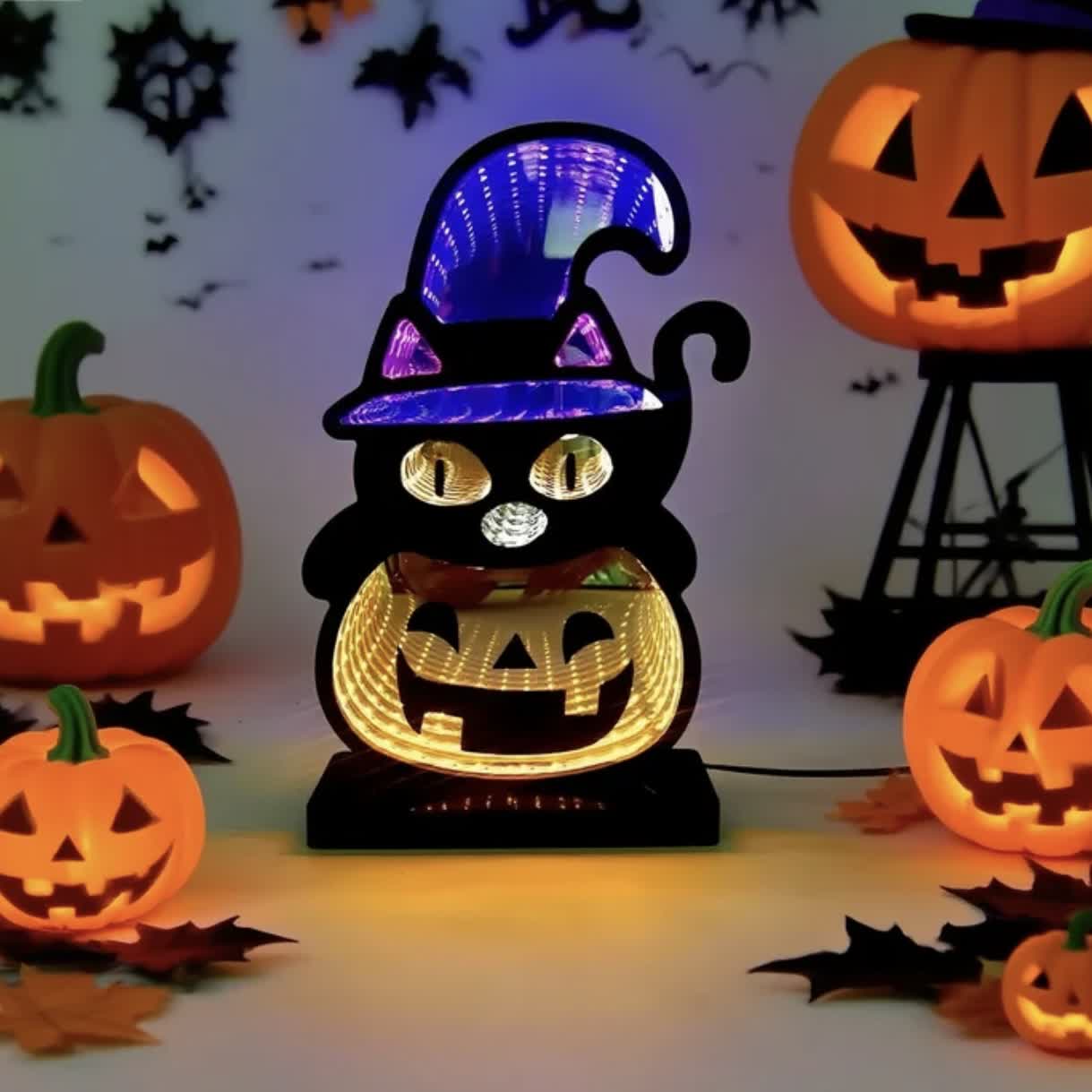 Luci infinite a forma di zucca di gatto nero 3D - 2 pezzi - 2"L x 5"L x 8"A - image 1