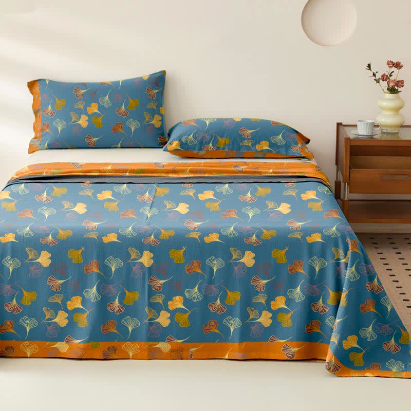 Copriletto jacquard in garza di cotone Ginkgo Biloba - Blu - 2 federe - 102cm x 51cm - image 1