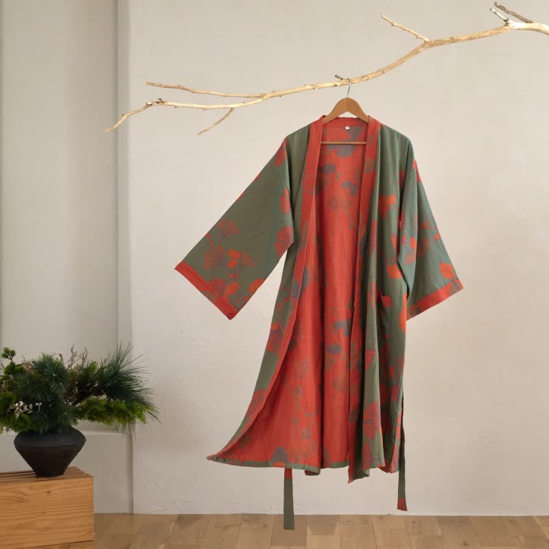 Grande kimono in cotone con foglie di ginkgo - Verde e arancione - XL - image 3