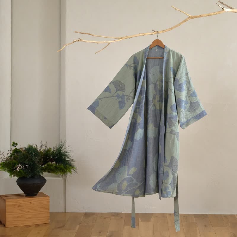 Kimono in cotone biologico con foglie di ginkgo - Verde chiaro e blu - 2XL - image 2