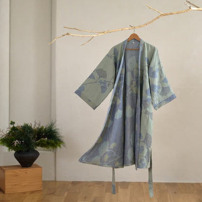 Kimono in cotone biologico con foglie di ginkgo - Verde chiaro e blu - 2XL - image 2