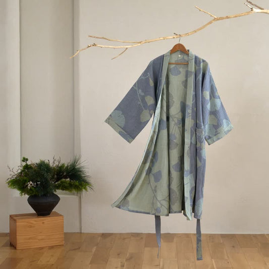 Kimono in cotone biologico con foglie di ginkgo - Blu e verde chiaro - 2XL - image 0