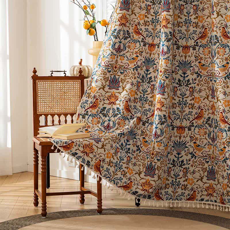 Tenda vintage con nappe e uccelli botanici - Tasca per asta - 150cm x 260cm - image 1