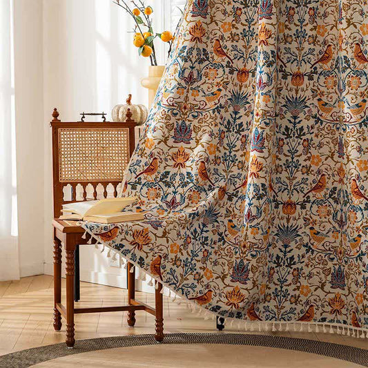 Tenda vintage con nappe e uccelli botanici - Tasca per asta - 150cm x 260cm - image 1