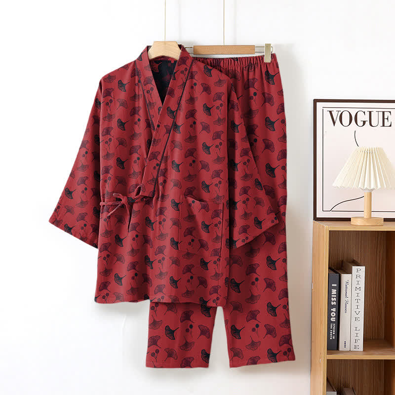 Completo da salotto in kimono di cotone biologico Ginkgo - Rosso e nero - XL - image 10