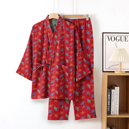 Completo da salotto in kimono di cotone biologico Ginkgo - Rosso e verde - XL - image 15