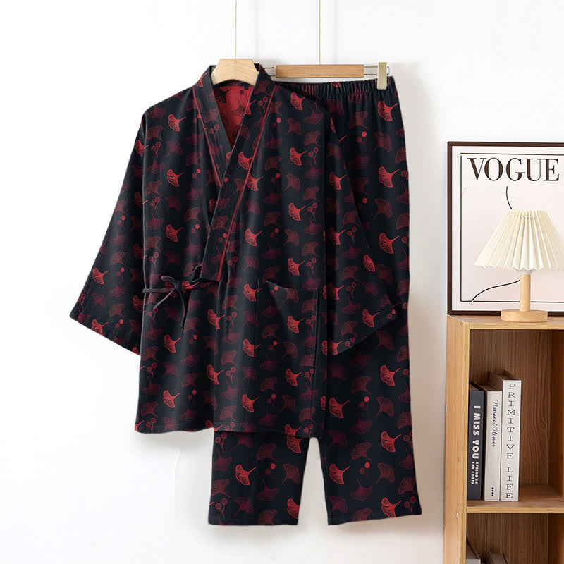 Completo da salotto in kimono di cotone biologico Ginkgo - Nero e rosso - XL - image 3