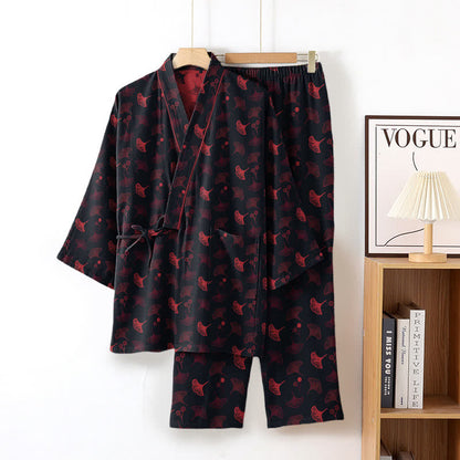 Completo da salotto in kimono di cotone biologico Ginkgo - Nero e rosso - XL - image 7