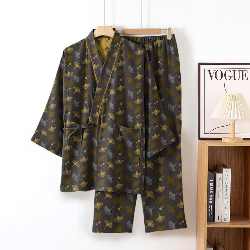 Completo da salotto in kimono di cotone biologico Ginkgo - Grigio e giallo - XL - image 9