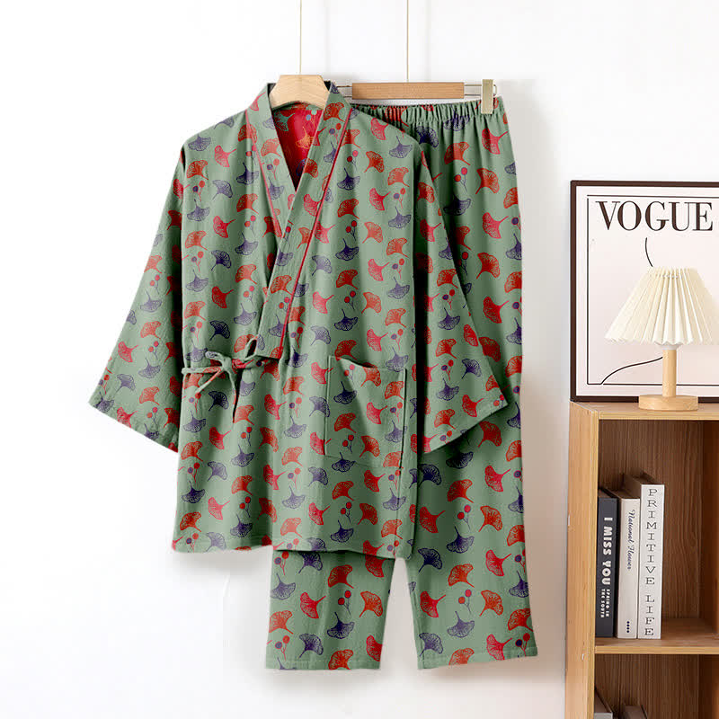 Completo da salotto in kimono di cotone biologico Ginkgo - Verde e rosso - XL - image 20