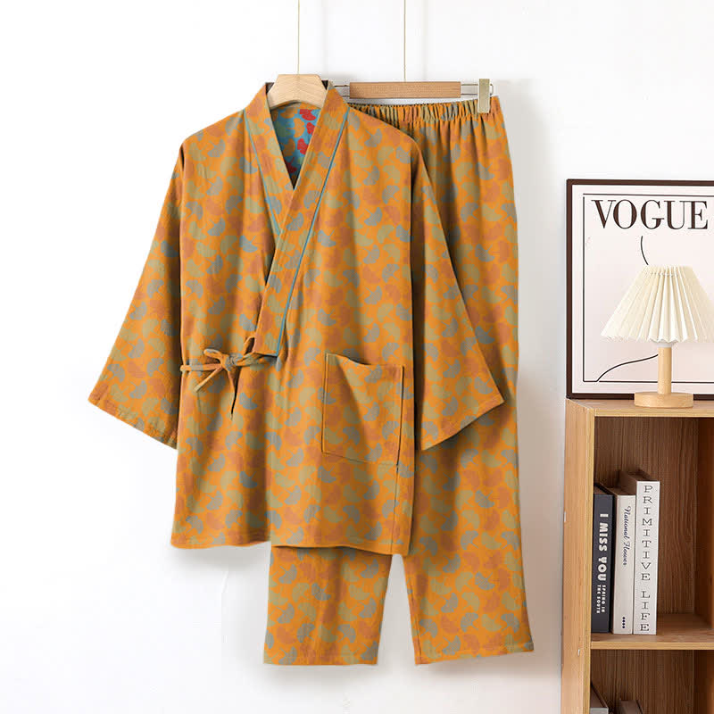 Completo da salotto in kimono di cotone con foglie di ginkgo - Arancia - XL - image 5