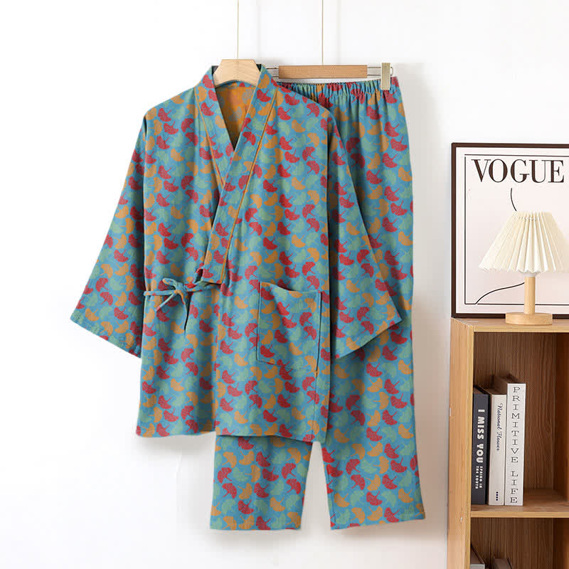 Completo da salotto in kimono di cotone con foglie di ginkgo - Blu - XL - image 2
