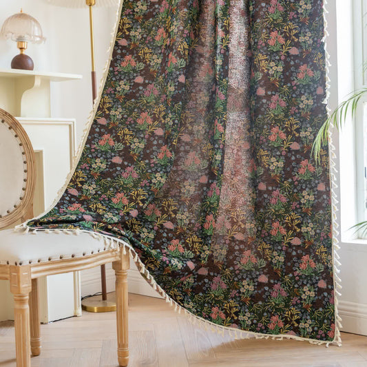 Tenda con nappe e foglie a motivo floreale retrò - Tasca per asta - 150cm x 260cm - image 1