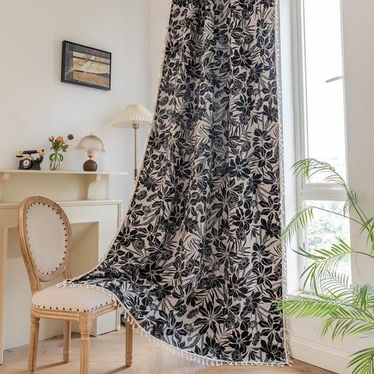 Tenda vintage con nappe floreali nere - Tasca per asta - 150cm x 260cm - image 1