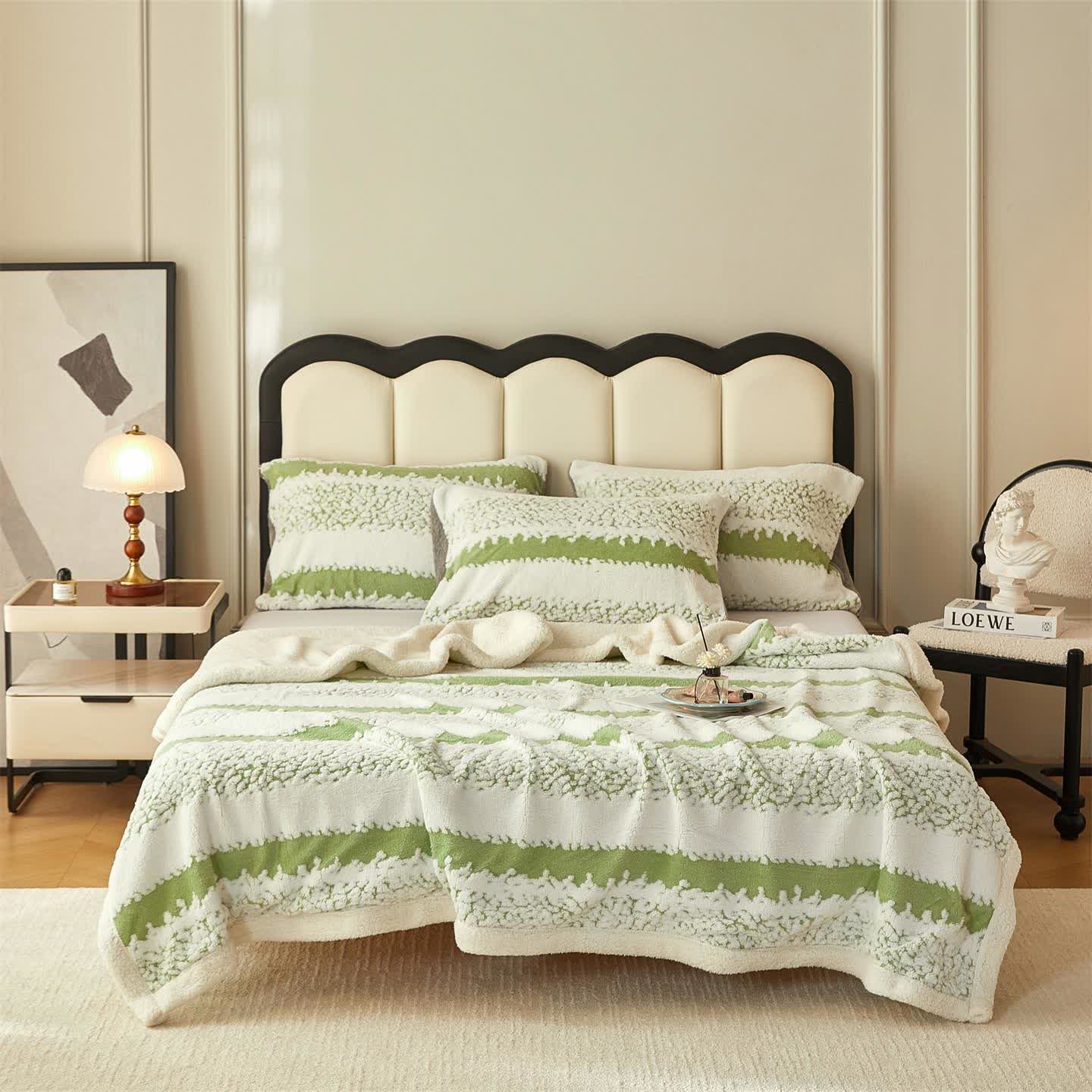 Coperta Sherpa a doppio strato con stampa a righe - Verde - 200cm x 230cm - image 12