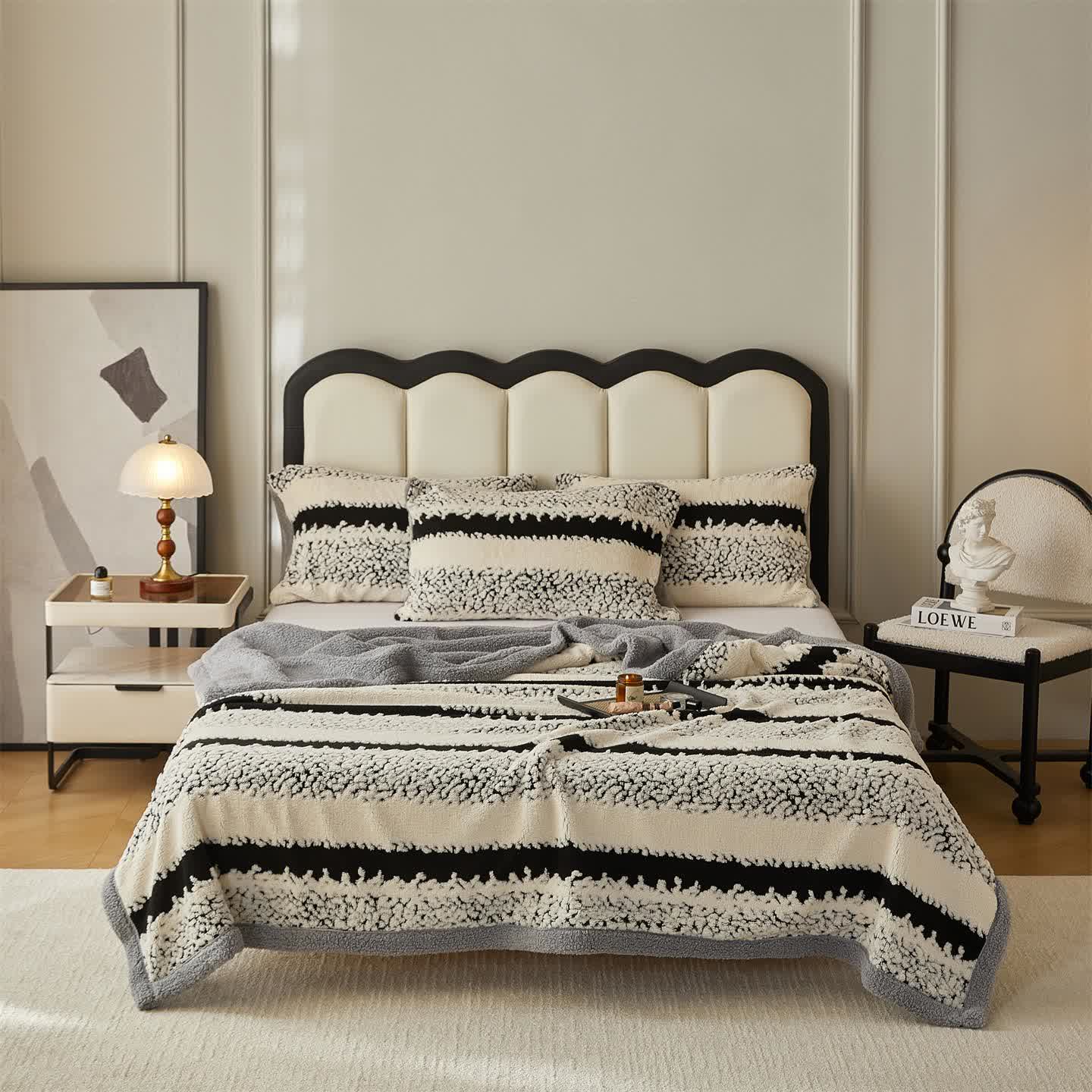 Coperta Sherpa a doppio strato con stampa a righe - Beige - 200cm x 230cm - image 2