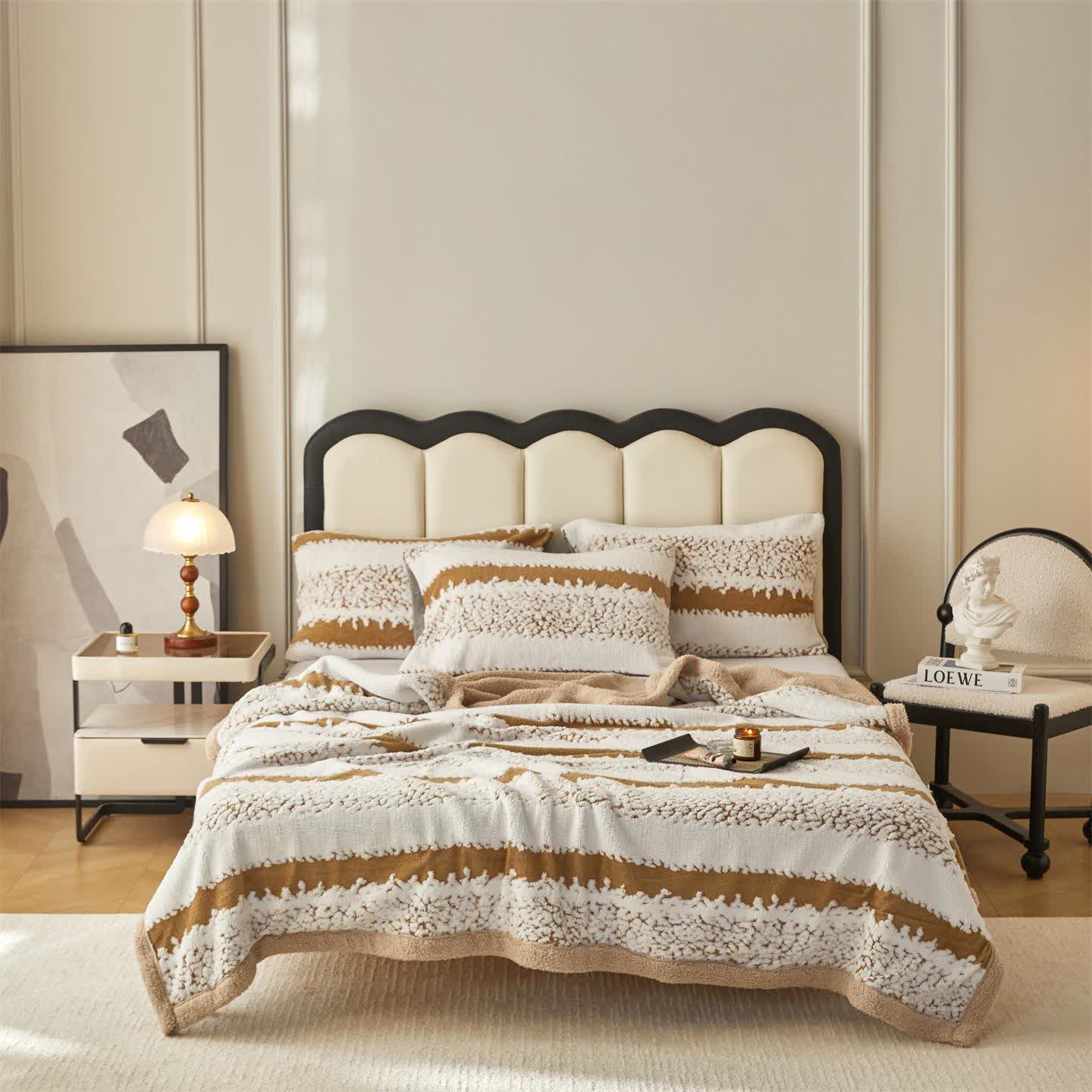 Coperta Sherpa a doppio strato con stampa a righe - Cammello - 200cm x 230cm - image 13