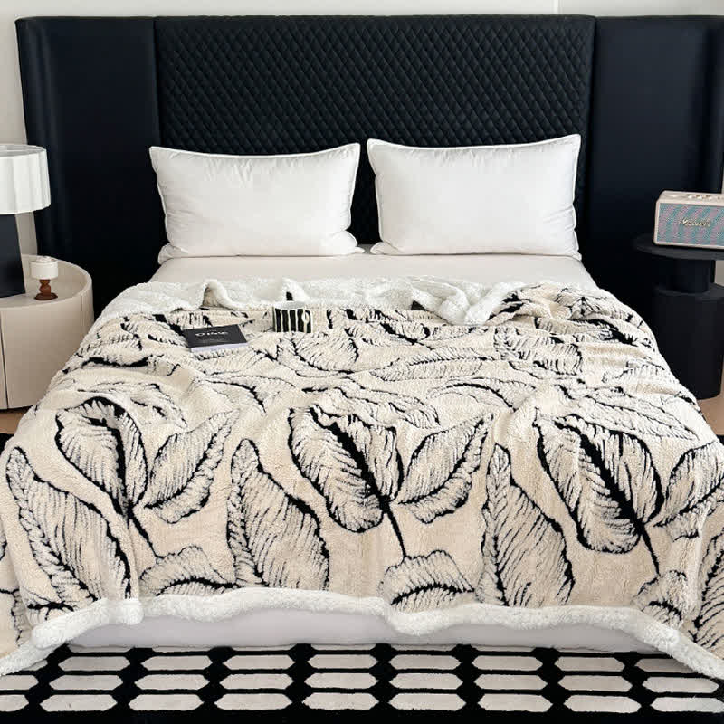 Coperta in peluche jacquard a foglia grande - Bianco - 230cm x 250cm - image 1