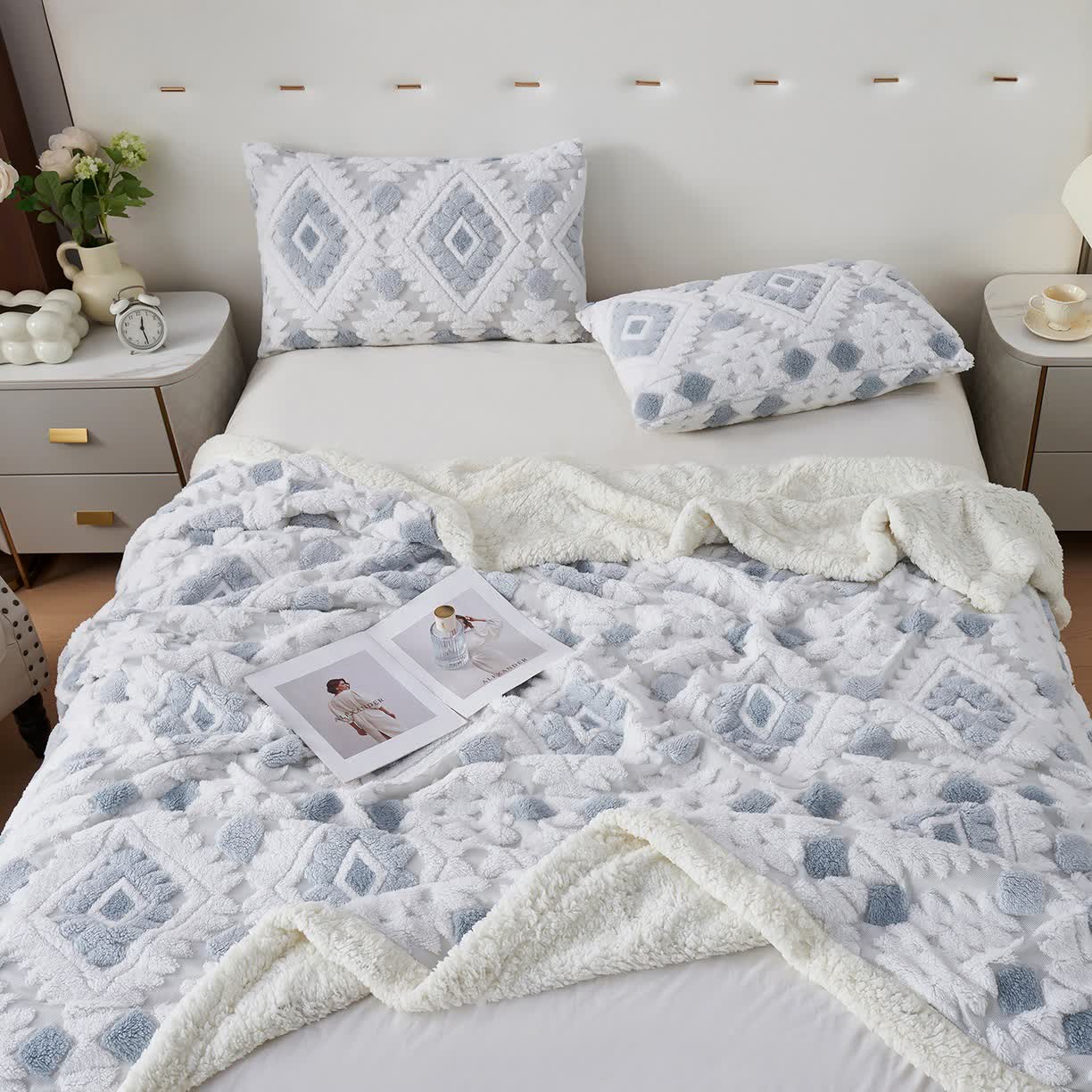 Coperta in jacquard Sherpa in stile bohémien - Azzurro chiaro - Matrimoniale Grande - image 14