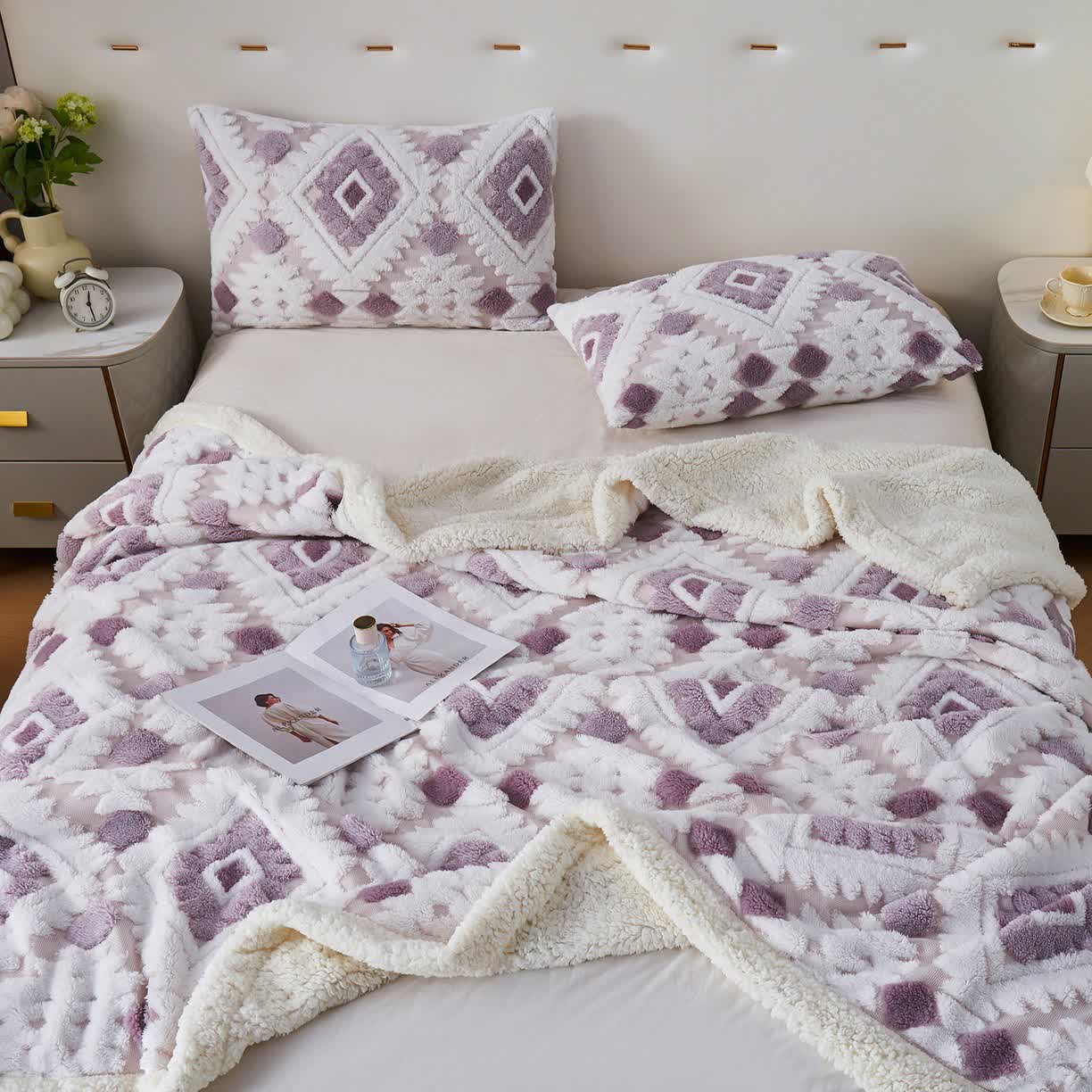Coperta in jacquard Sherpa in stile bohémien - Viola chiaro - Matrimoniale Grande - image 18
