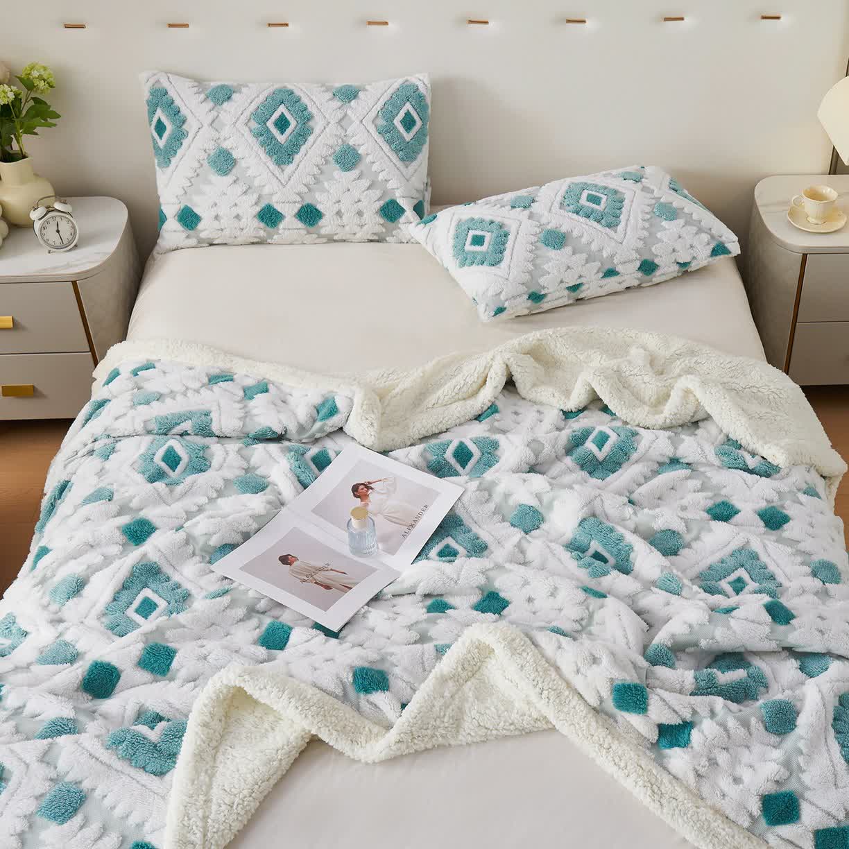 Coperta in jacquard Sherpa in stile bohémien - Ciano - Matrimoniale Grande - image 17
