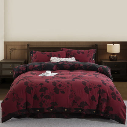 Set di biancheria da letto in garza di cotone con foglie di ginkgo (4 pezzi) - Nero e rosso - Matrimoniale Grande - image 26