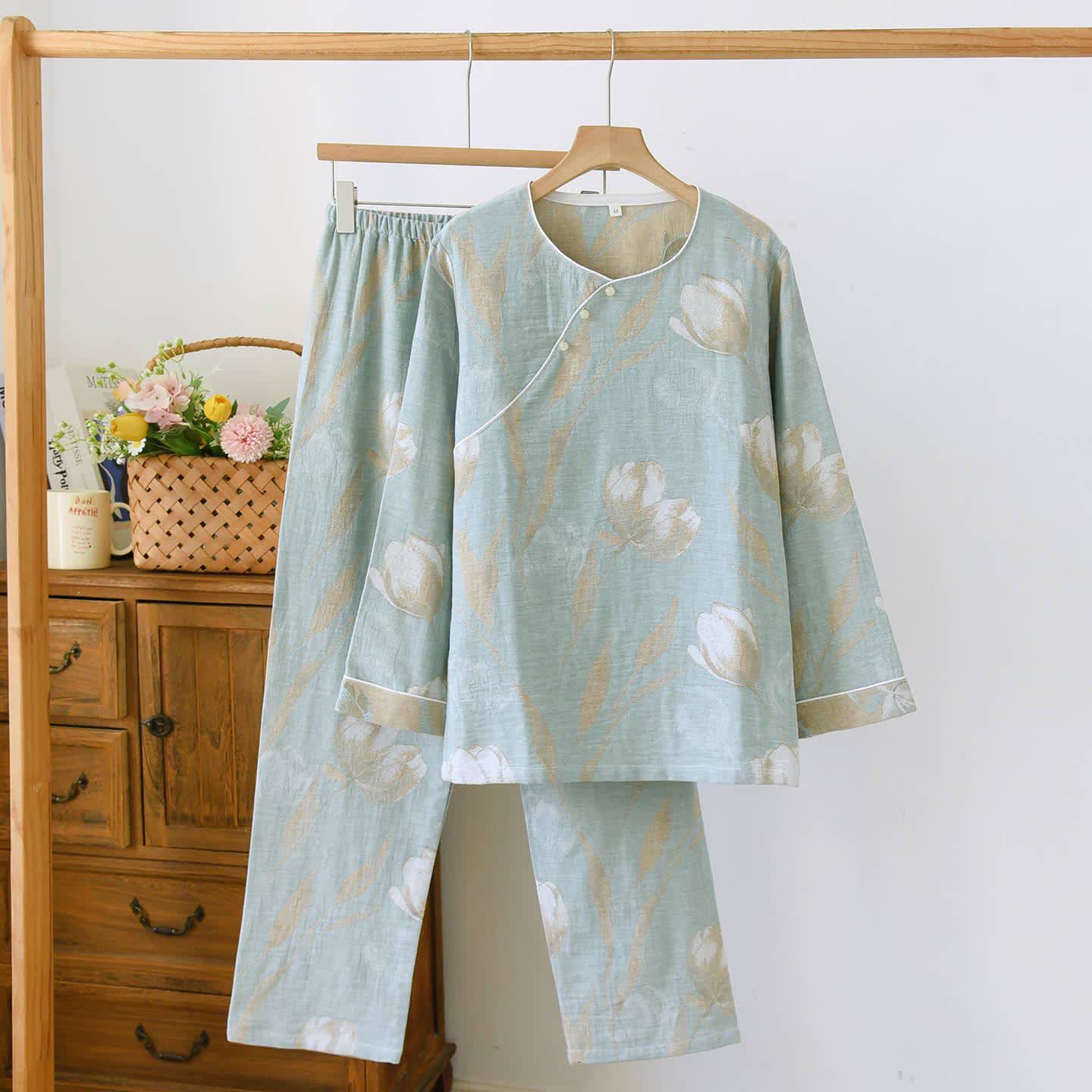 Completo da notte in jacquard di garza di cotone Tulip - Verde - XL - image 4