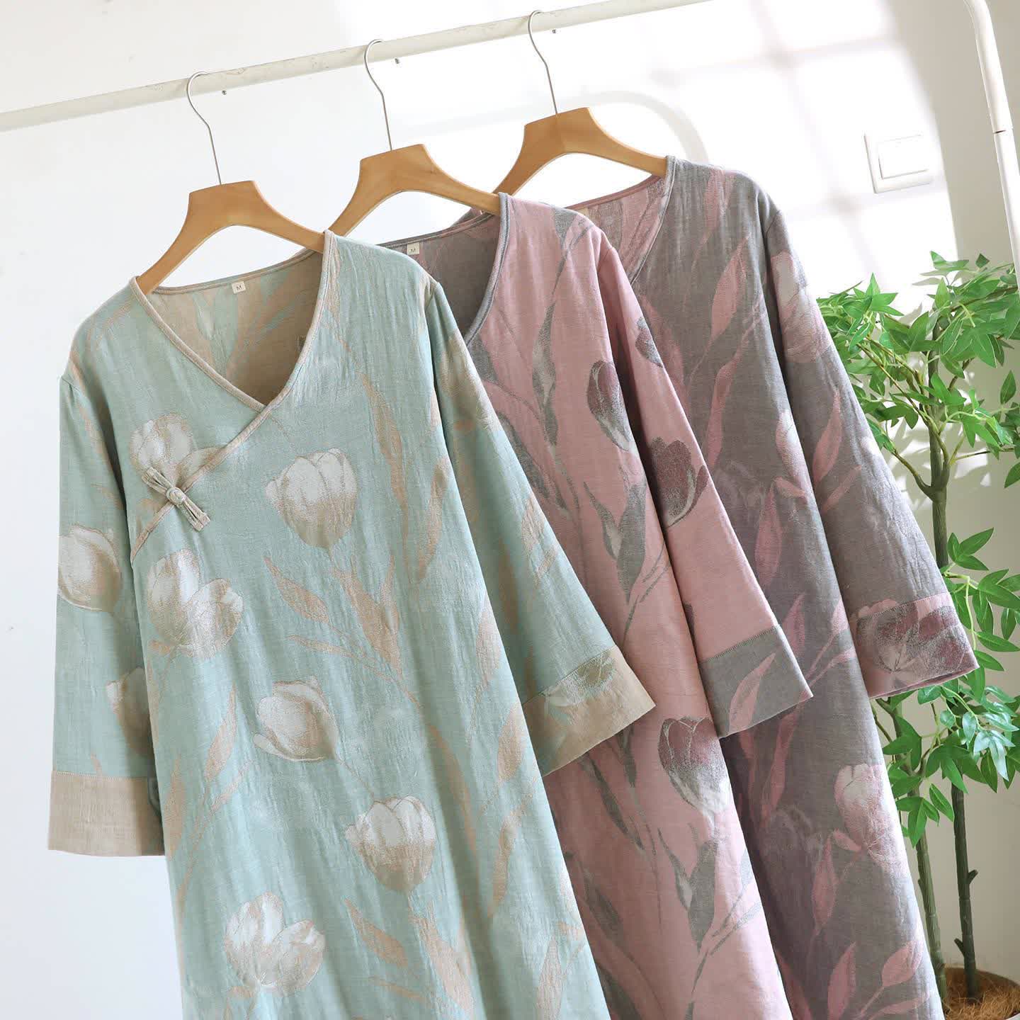 Camicia da notte in jacquard di garza di cotone naturale Tulip - image 4