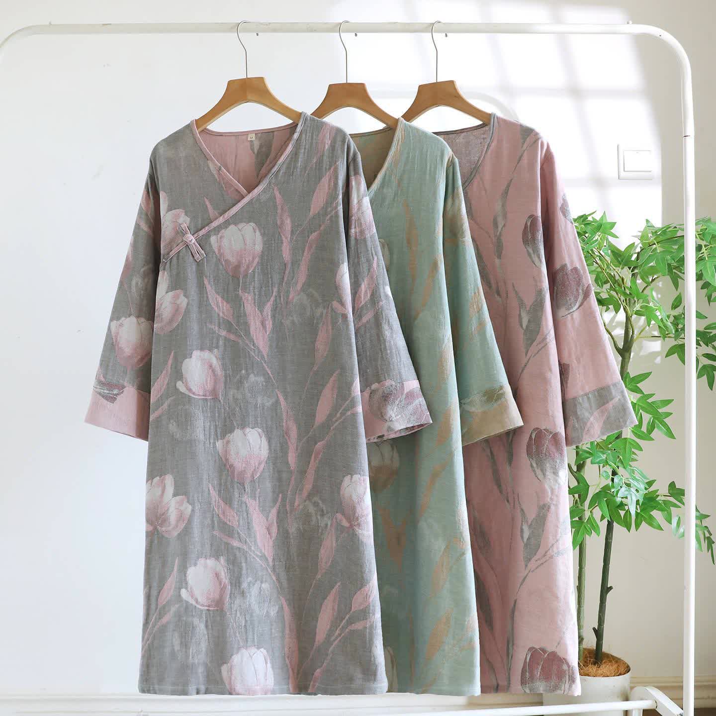 Camicia da notte in jacquard di garza di cotone naturale Tulip - image 3