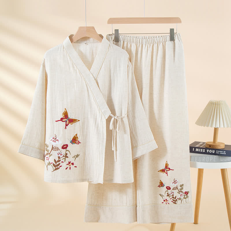 Completo da notte kimono con ricamo floreale a farfalla - Bianco - XL - image 4