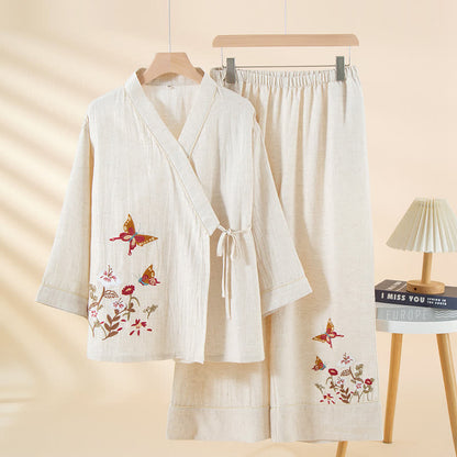 Completo da notte kimono con ricamo floreale a farfalla - Bianco - XL - image 4
