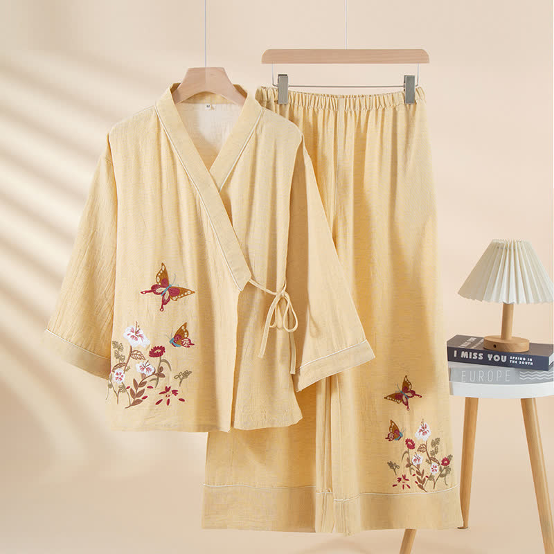 Completo da notte kimono con ricamo floreale a farfalla - Giallo - XL - image 3
