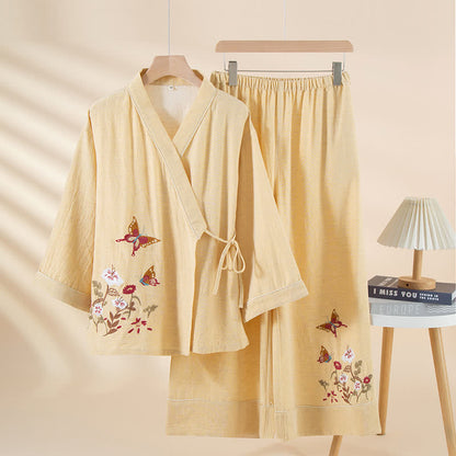 Completo da notte kimono con ricamo floreale a farfalla - Giallo - XL - image 3