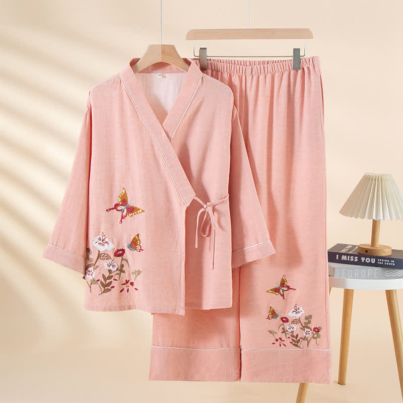 Completo da notte kimono con ricamo floreale a farfalla - Rosa - XL - image 2