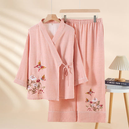 Completo da notte kimono con ricamo floreale a farfalla - Rosa - XL - image 2