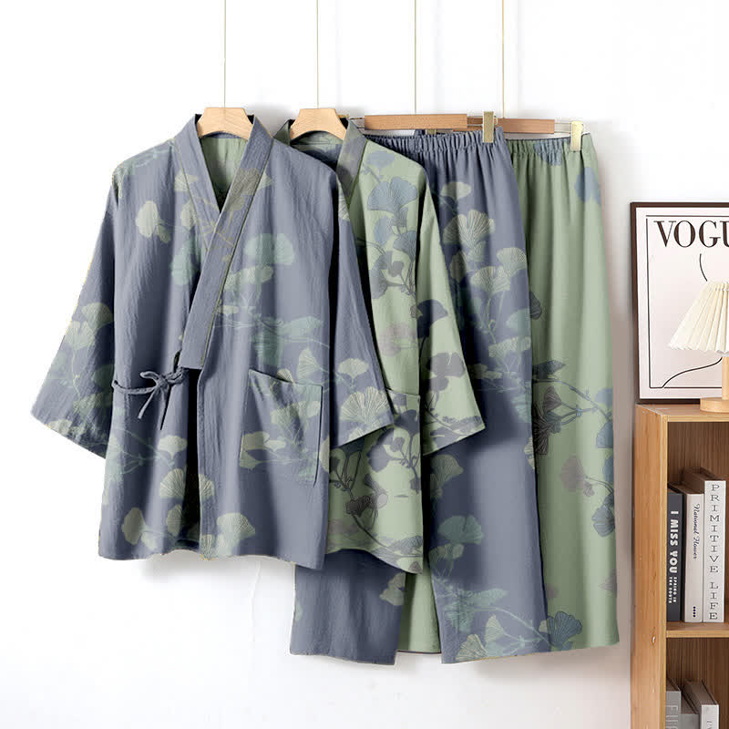 Kimono in cotone biologico con foglie di ginkgo - image 1