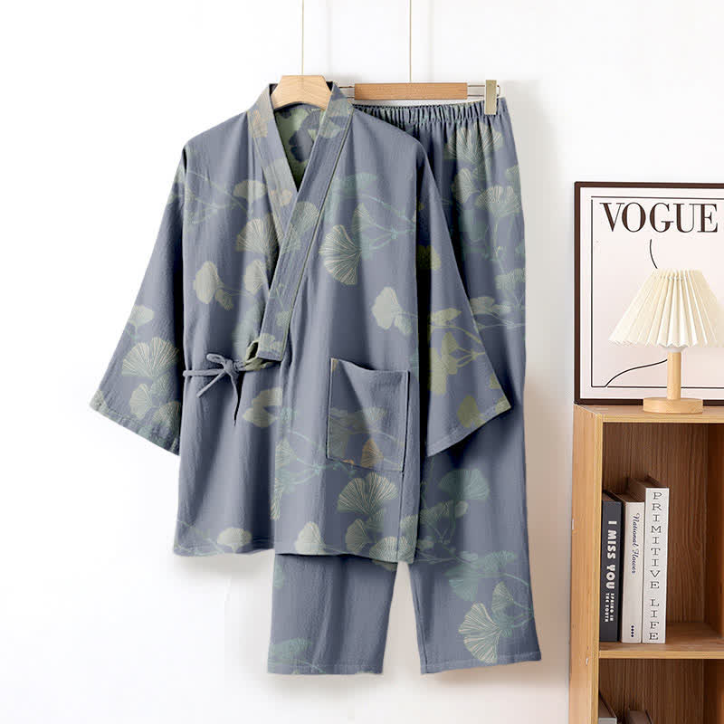Kimono in cotone biologico con foglie di ginkgo - Azzurro chiaro - XL - image 5