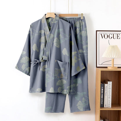 Kimono in cotone biologico con foglie di ginkgo - Azzurro chiaro - XL - image 5