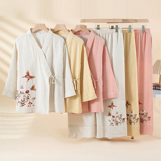 Completo da notte kimono con ricamo floreale a farfalla - image 1