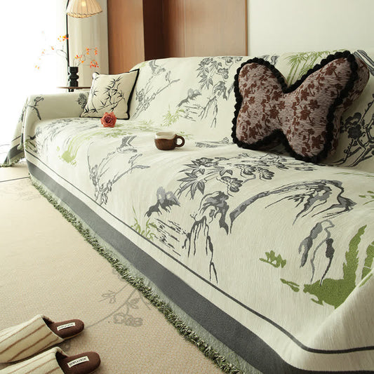 Copridivano in ciniglia con motivo botanico di montagna - Grigio - 180cm x 340cm - image 1