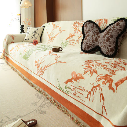 Copridivano in ciniglia con motivo botanico di montagna - Arancia - 180cm x 340cm - image 5