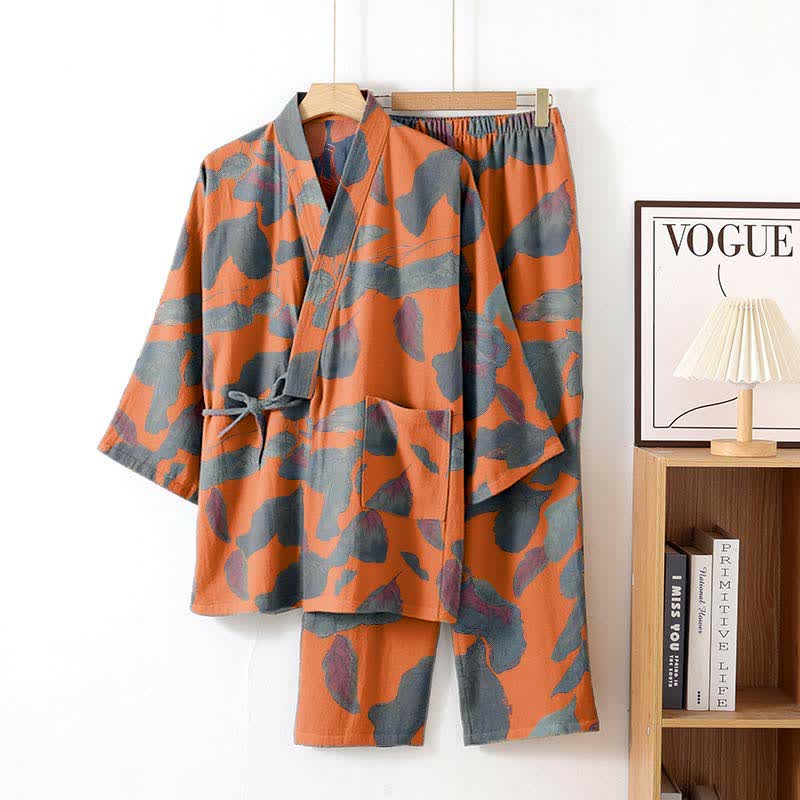 Completo da salotto in kimono di cotone con foglie botaniche - Arancia - XL - image 5
