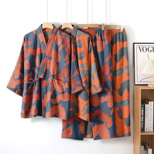Completo da salotto in kimono di cotone con foglie botaniche - image 1