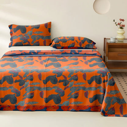 Copriletto in garza di cotone jacquard con foglie botaniche - Arancia - 2 federe - 102cm x 51cm - image 1