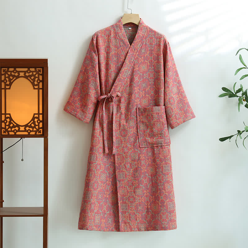 Accappatoio con tasca in garza di cotone floreale vintage - Rosa - XL - image 1