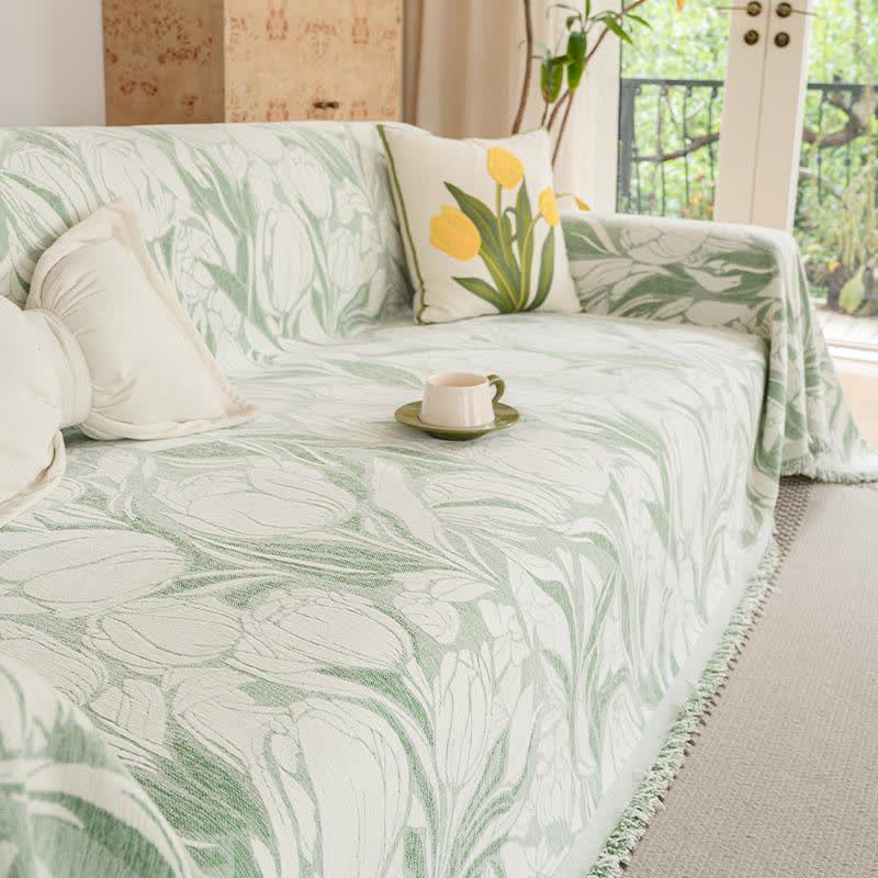 Coperta da divano in ciniglia con motivo tulipano verde - image 2