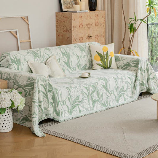 Coperta da divano in ciniglia con motivo tulipano verde - 180cm x 340cm - image 1