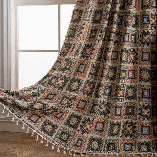Tenda jacquard quadrata geometrica retrò - Tasca per asta - Beige - 150cm x 260cm - image 1
